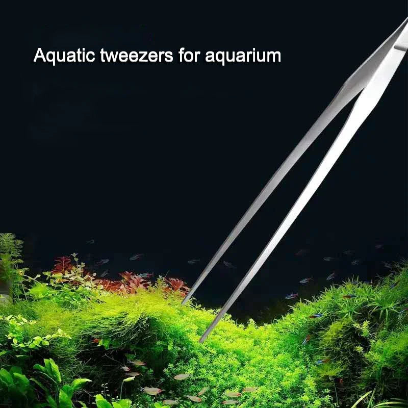 Stainless steel aquarium cleaning tweezers shown above lush green aquatic plants and fish.