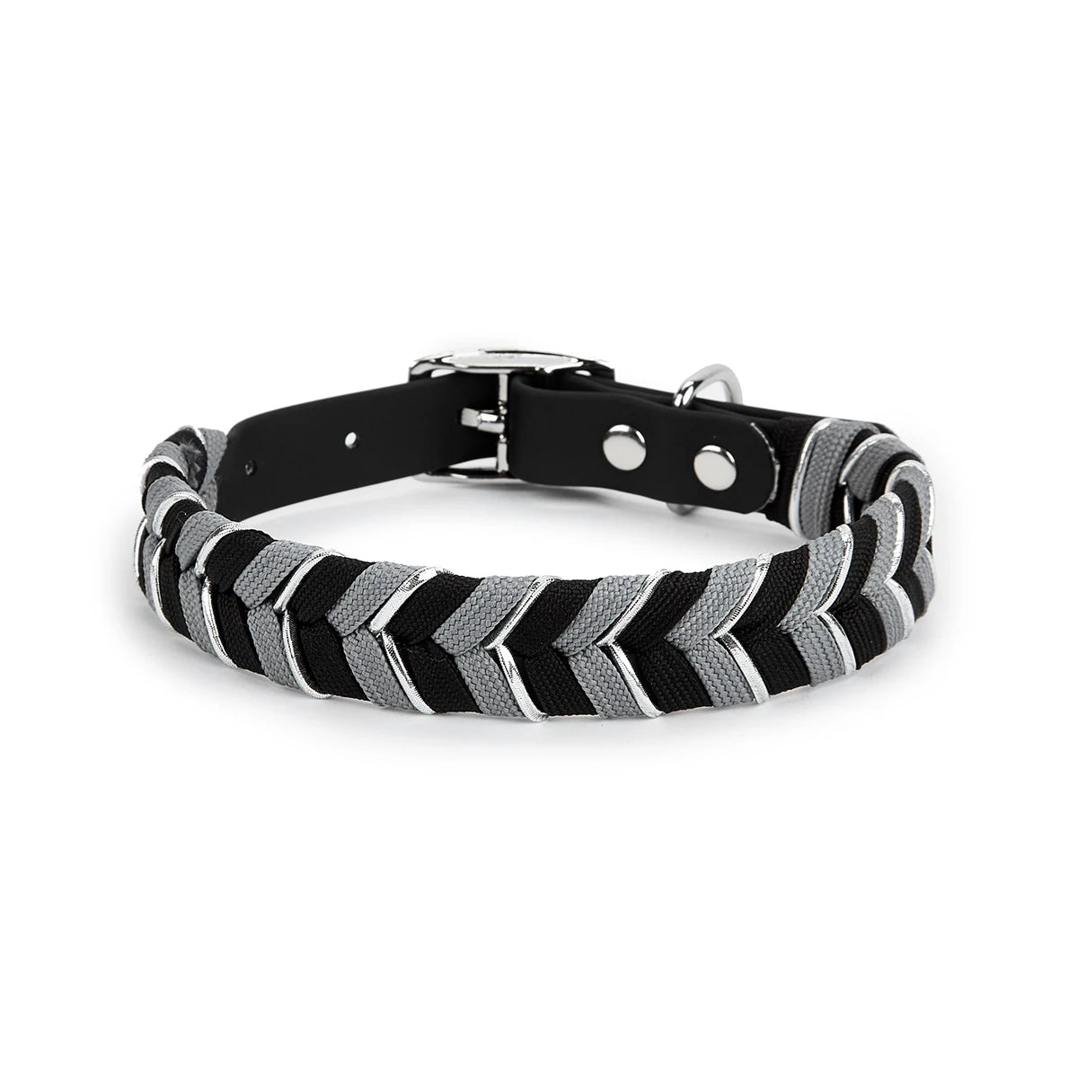 Black and gray patterned handmade dog collar with a silver buckle and reflective safety feature