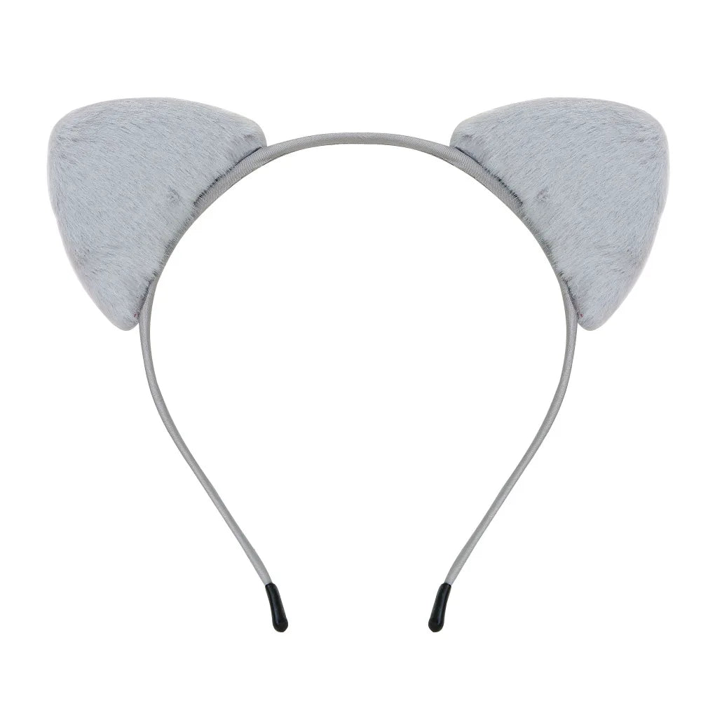 Gray plush cat ear headband with a thin strap for costumes and parties