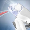 Close-up of a white professional LED pet nail clipper with a clear plastic guard and a red nail being clipped.