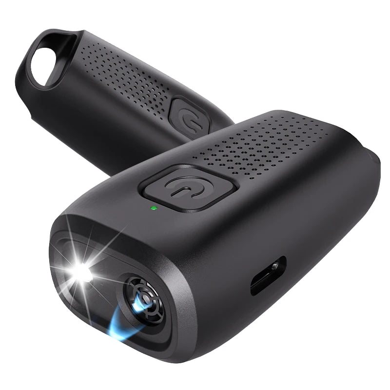 A black ultrasonic dog bark deterrent device with a lens and a textured body.