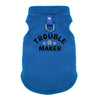 A bright blue, fuzzy pet jacket for dogs with a silver metal clasp.