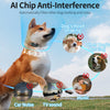An AI Chip Anti-Interference device filters dog barking and noise, shown near a dog and various sound sources.
