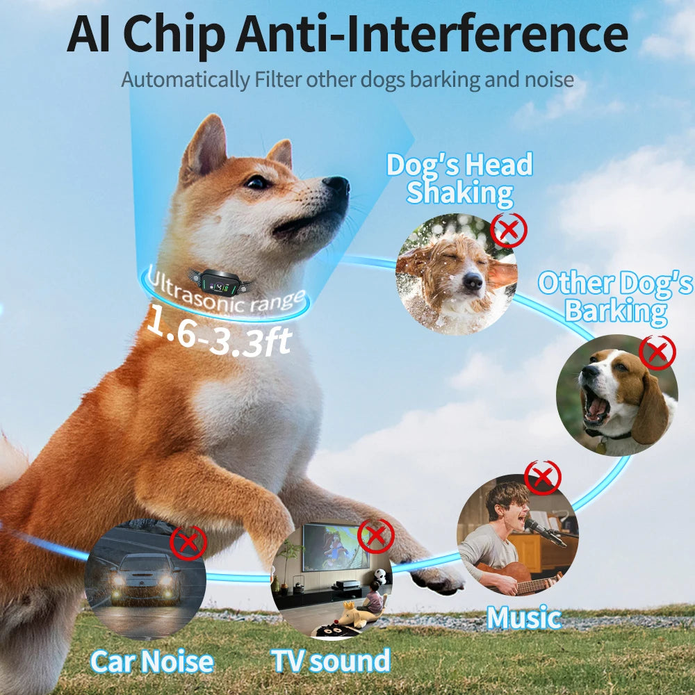 An AI Chip Anti-Interference device filters dog barking and noise, shown near a dog and various sound sources.