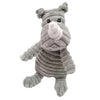 A gray corduroy squeaky dog toy shaped like a stylized elephant.