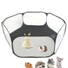 A portable pet playpen with a black frame and white mesh enclosure, featuring several small animals inside.