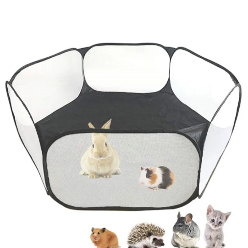A portable pet playpen with a black frame and white mesh enclosure, featuring several small animals inside.