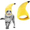 A tabby cat wearing a yellow banana cap costume.