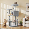 A multi-level sisal cat climbing tree with gray and beige sisal rope, featuring a cat toy and a tabby kitten.