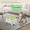 Eine Katze interagiert mit einem weißen Puzzlespielzeug mit vier Löchern, aus denen eine Maus herausspringt.