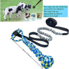 A bungee tug toy for dogs featuring an elastic rope with adjustable handles and a blue and yellow textured ball.