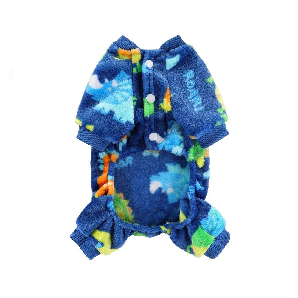 Combinaison en polaire bleue pour chien avec motif floral jaune, orange et vert.