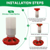 Installation steps for an automatic chicken feed bottle, showing how to pour feed and set up the feeder.