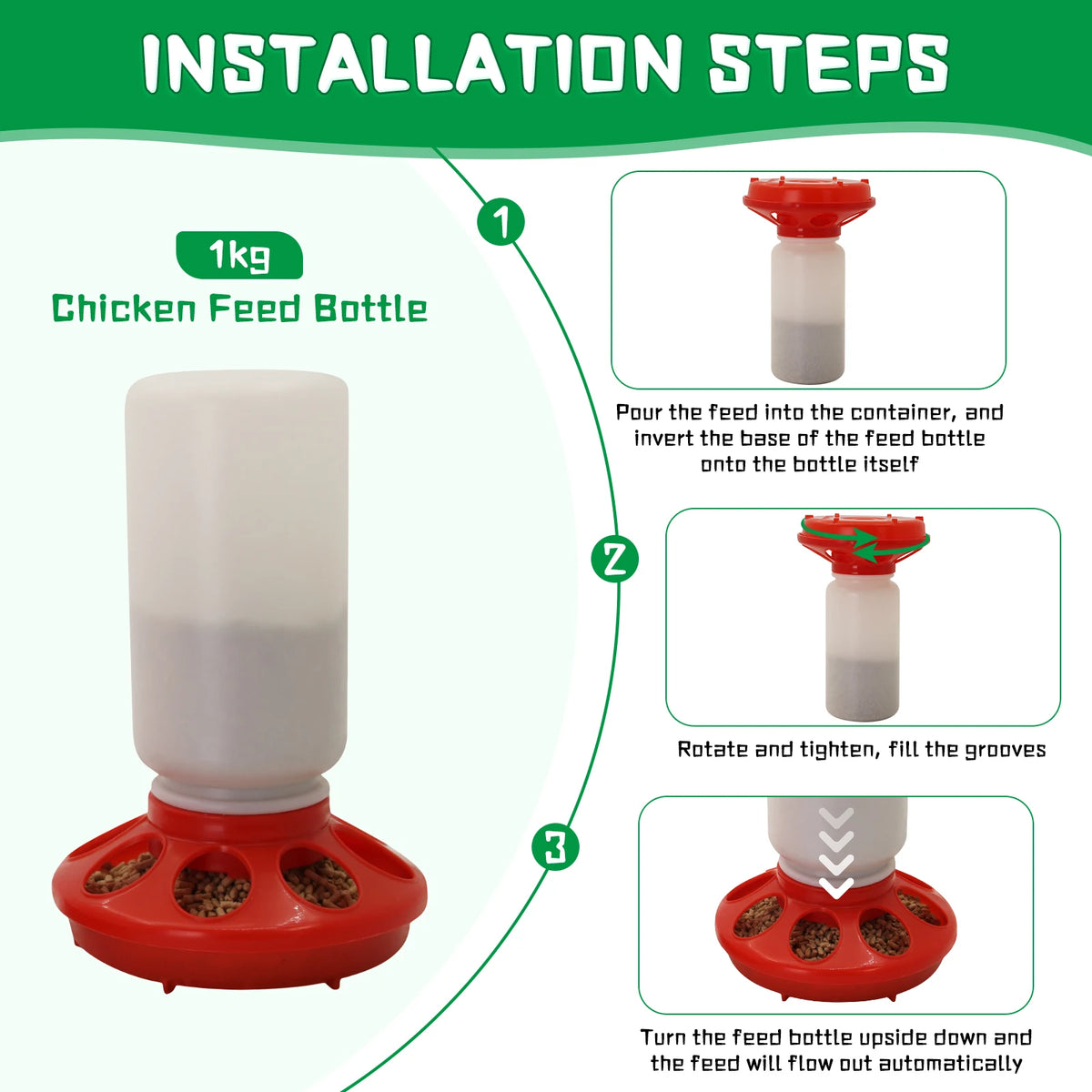 Installation steps for an automatic chicken feed bottle, showing how to pour feed and set up the feeder.