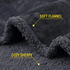 Close-up of a dark gray soft flannel fabric with cozy sherpa trim and labeling.