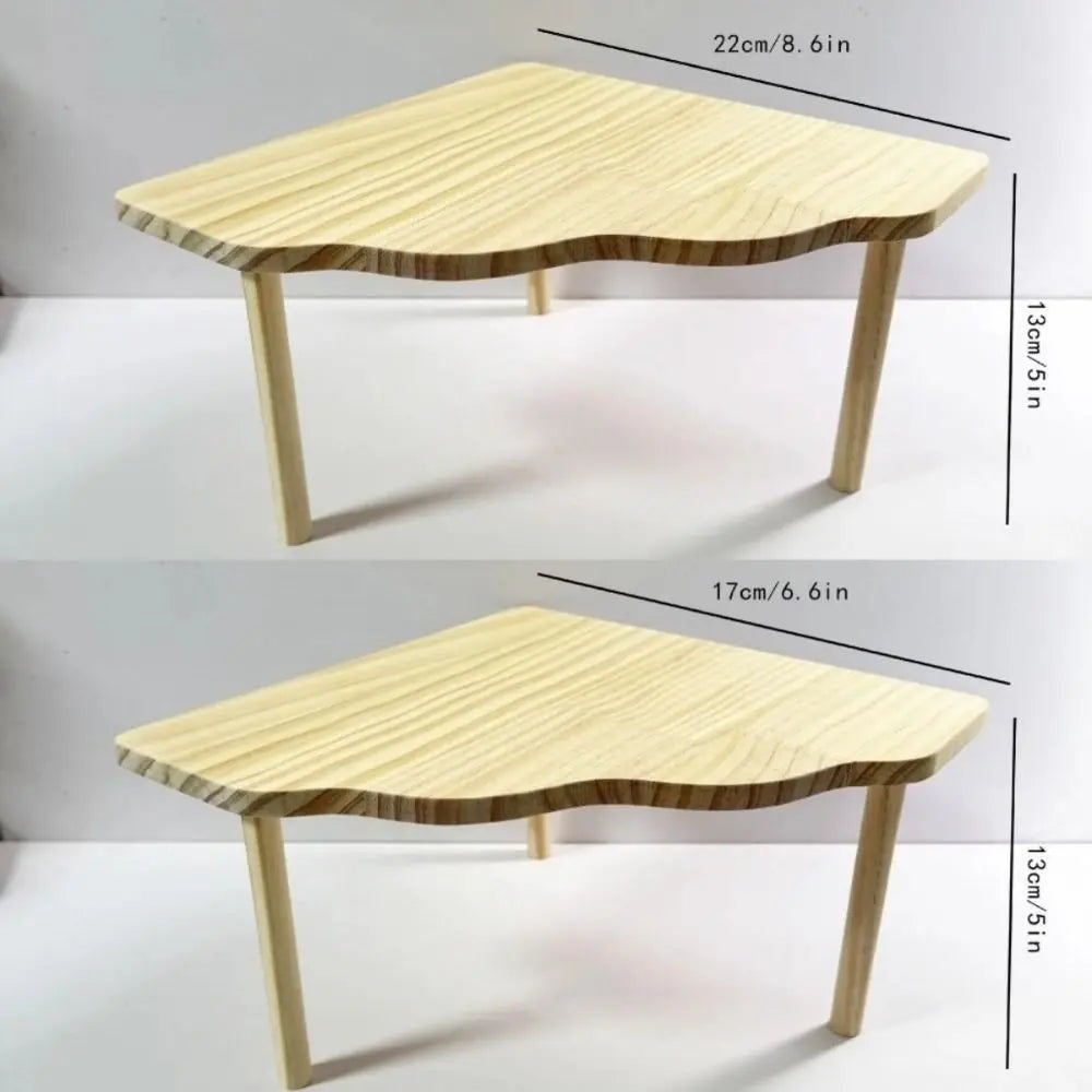 A natural wood hamster play platform with a two-level design shown from the side.