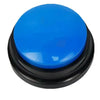 A bright blue, round button used for recordable talking in dog training.