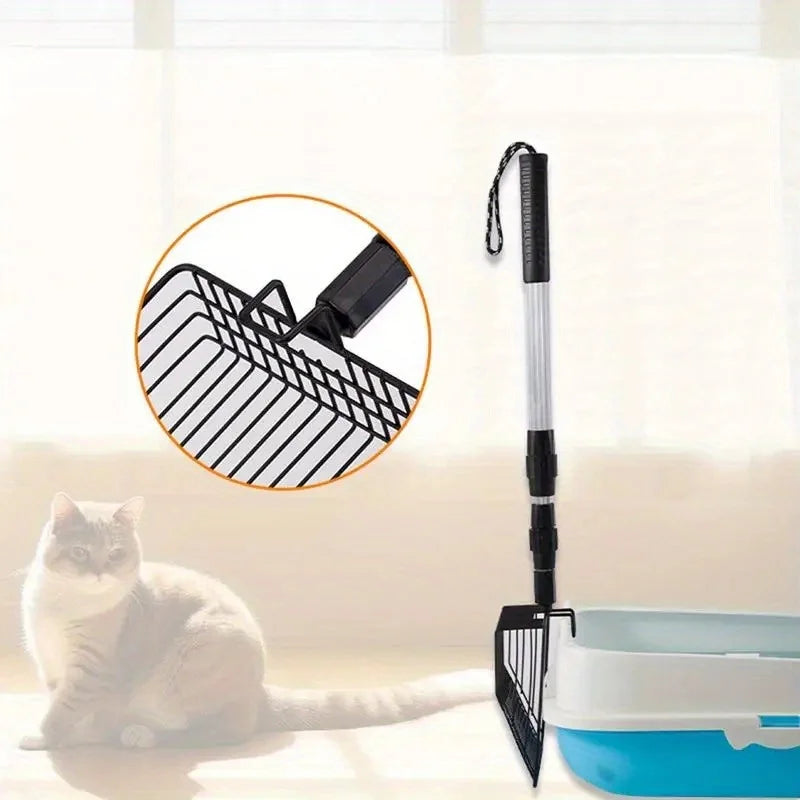 A stretchable stainless steel poop scooper is shown next to a blue bowl, with an inset showing the tool's design.