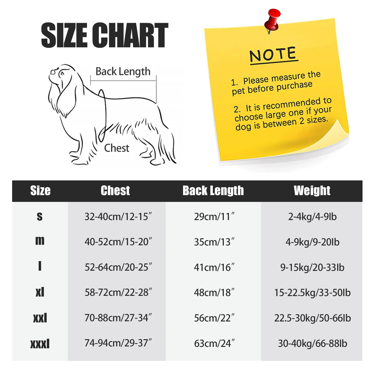 Size chart for a protective recovery suit for dog abdominal wounds showing measurements for different sizes.