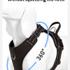 A black dog harness is shown on a white model, demonstrating all-around protection without squeezing the neck and 360 degree 
