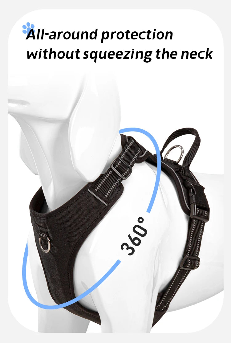 A black dog harness is shown on a white model, demonstrating all-around protection without squeezing the neck and 360 degree 
