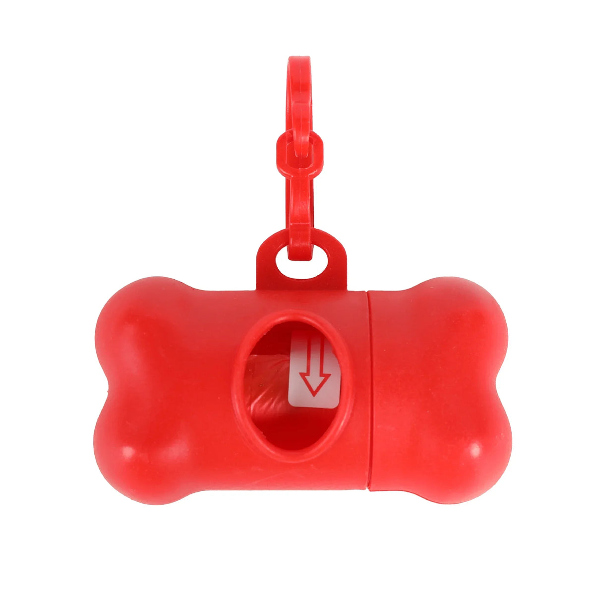 Red bone-shaped dog waste bag dispenser with a hook for on-the-go cleanup
