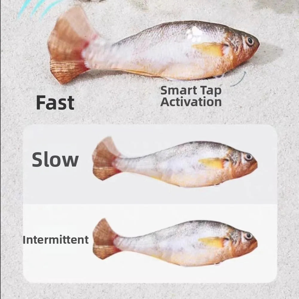 Three fish models demonstrating fast, slow, and intermittent tap activation for an interactive cat toy.