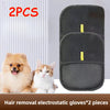 Two gray electrostatic gloves shown next to a fluffy dog and a cat for hair removal