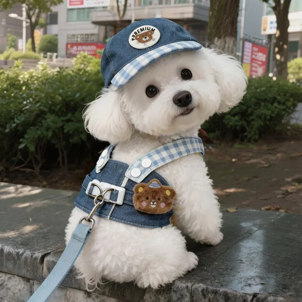 A white dog wearing a blue and white plaid harness vest with a matching hat and leash.
