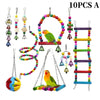 Ten pieces of natural wooden swing and chewing toys for parrots, including a hoop and hanging toys.