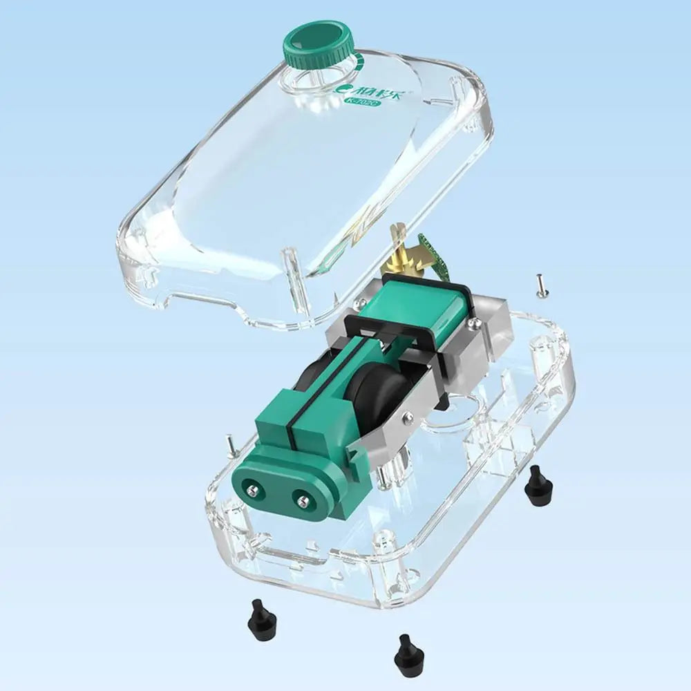 Clear plastic aquarium air pump with a green top and an adjustable flow mechanism.