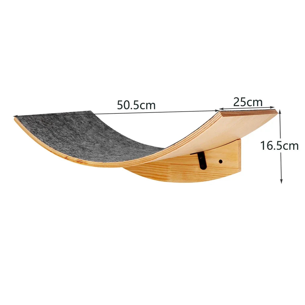 Wooden wall-mounted cat climbing shelves featuring a hammock and scratching post.