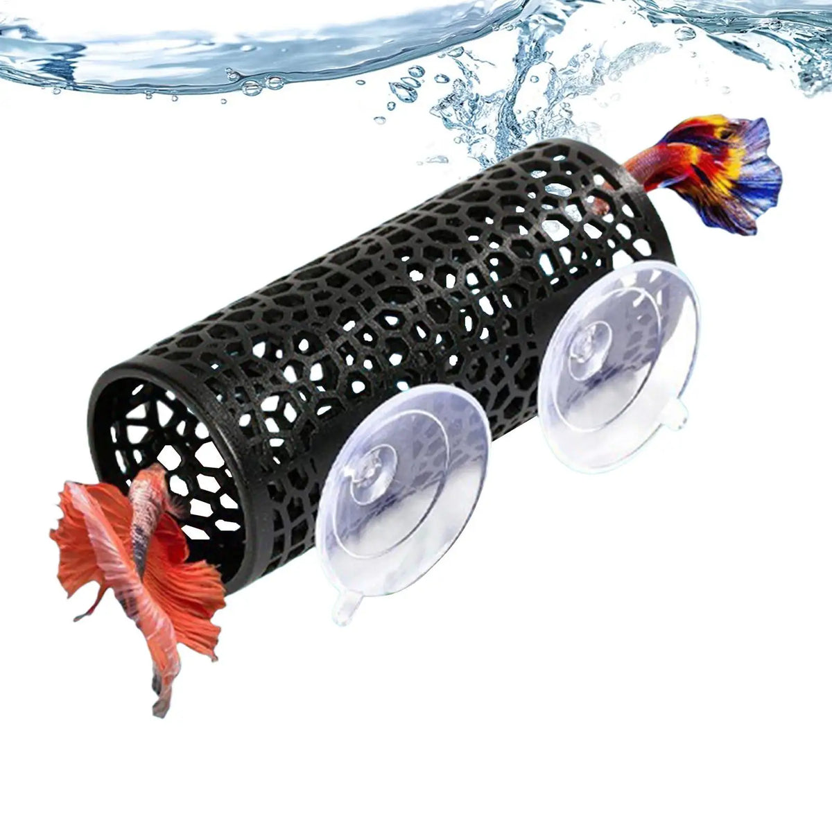 Black aquarium hideout tube with suction cups for betta fish and small aquarium inhabitants
