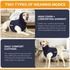 A dog wearing a dark blue calming garment, shown in two modes: head cover and garment, and daily comfort clothing.