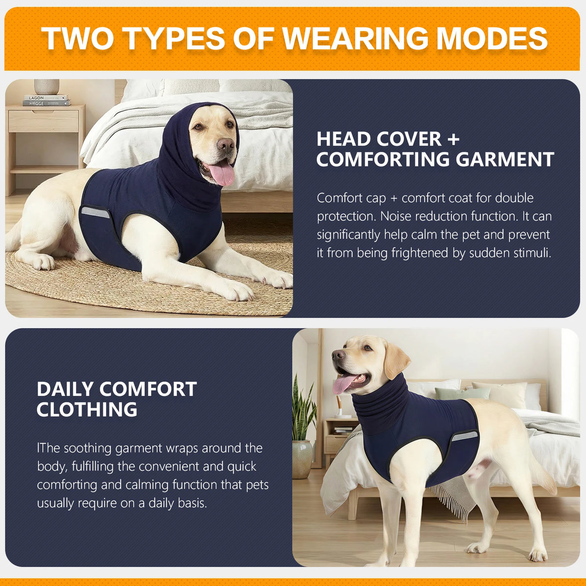 A dog wearing a dark blue calming garment, shown in two modes: head cover and garment, and daily comfort clothing.