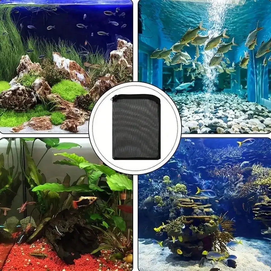 A collection of reusable black mesh filter bags with zippers used for aquarium filtration media.