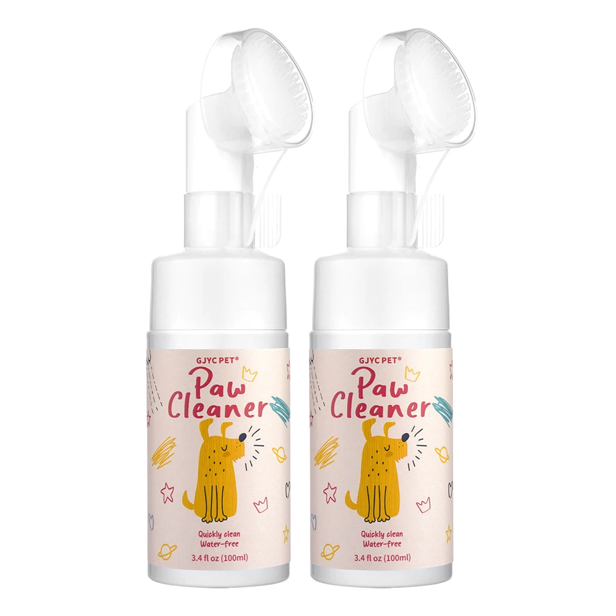 Two bottles of Paw Cleaner foam for pets, one with a white cap and the other with a clear cap.