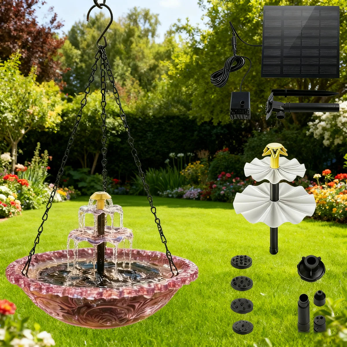 A solar-powered hanging bird bath fountain with a glass bowl and water spouts is suspended in a garden setting.