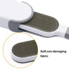 A white lint remover brush with a gray handle and a textured fabric cleaning pad is shown, highlighting its soft, non-damagin