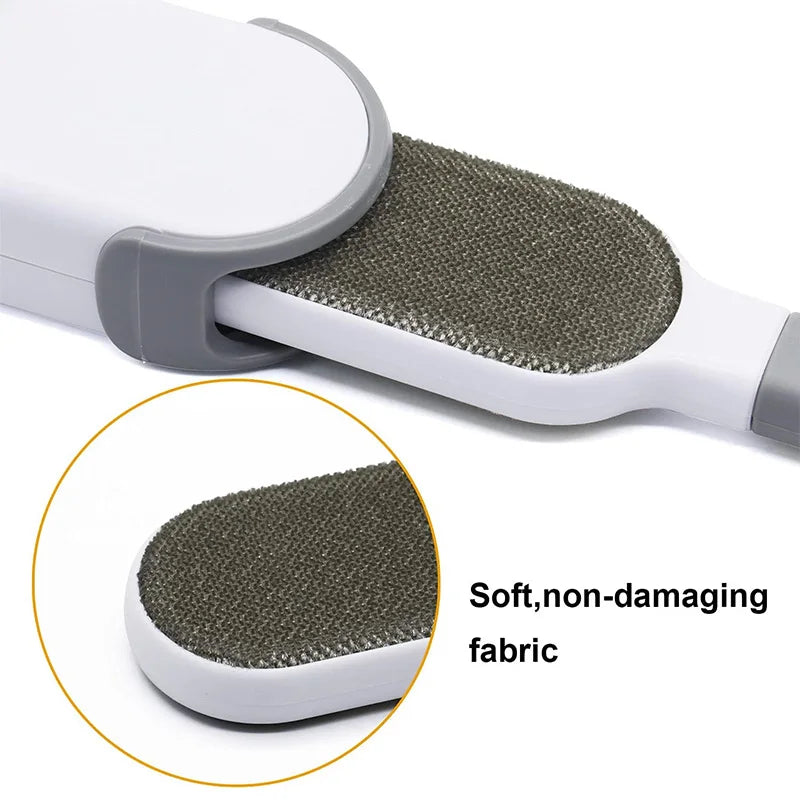 A white lint remover brush with a gray handle and a textured fabric cleaning pad is shown, highlighting its soft, non-damagin