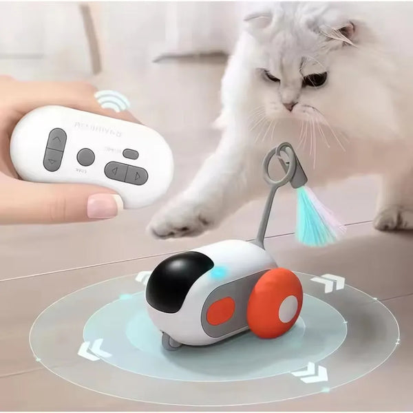 Ein weißes interaktives Spielzeugauto für Haustiere, mit einer Katze, die damit interagiert.