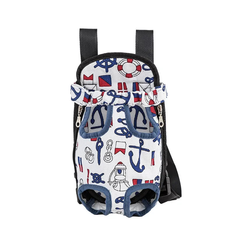 A black backpack carrier featuring a white pattern of cat and dog icons, with blue trim and straps.