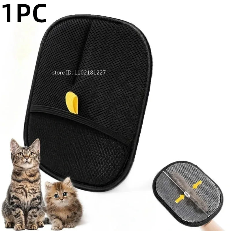 A black reusable pet hair cleaning glove is shown next to a kitten.