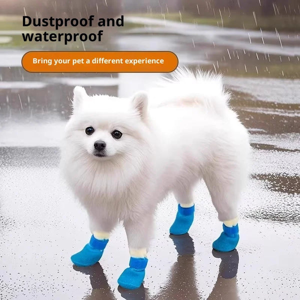 A white fluffy dog is standing on a wet surface wearing bright blue waterproof anti-slip boots.