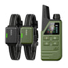 A black electric dog training collar with a green remote control and a matching green battery pack.