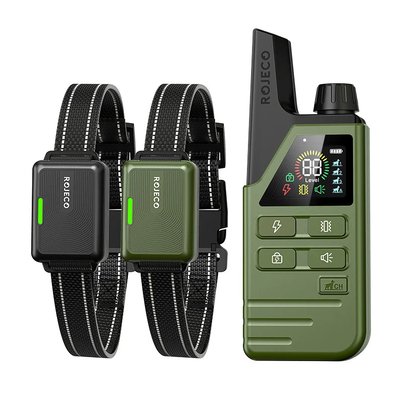 A black electric dog training collar with a green remote control and a matching green battery pack.