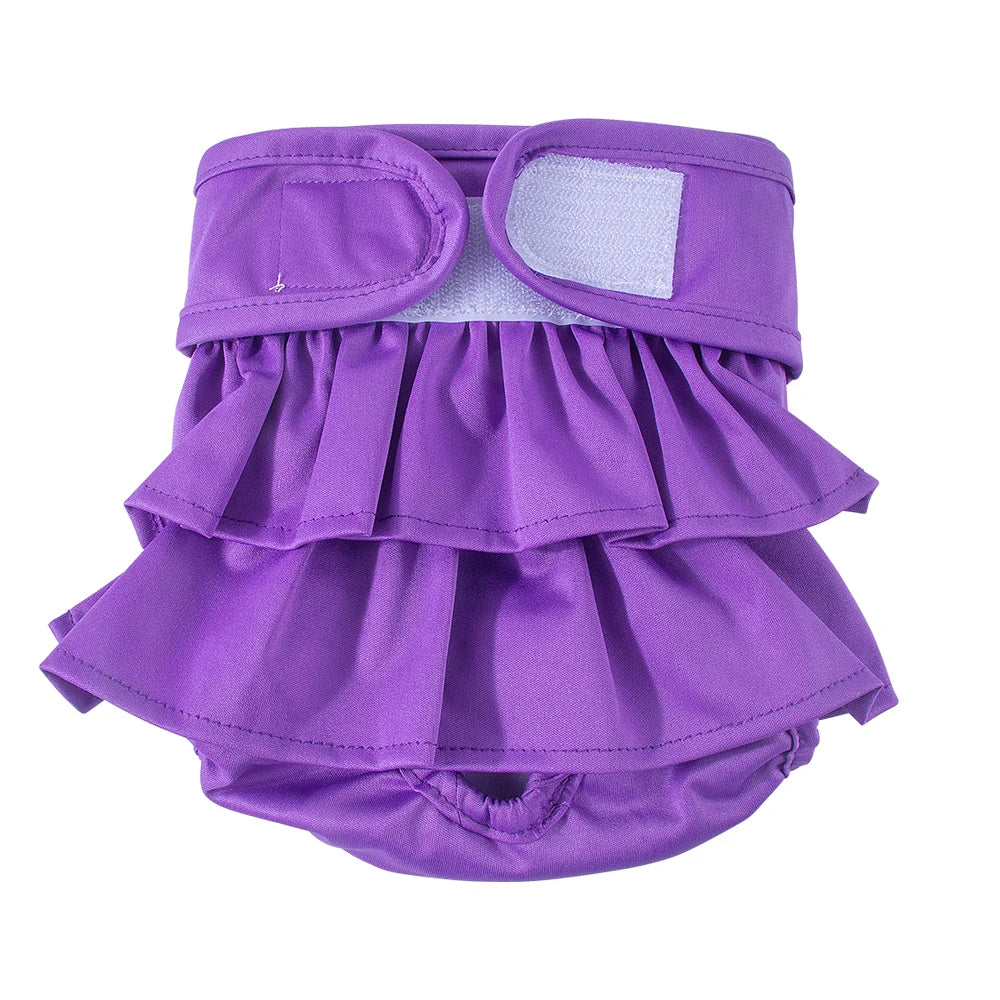 Purple reusable washable dog diapers for female dogs with a ruffled design