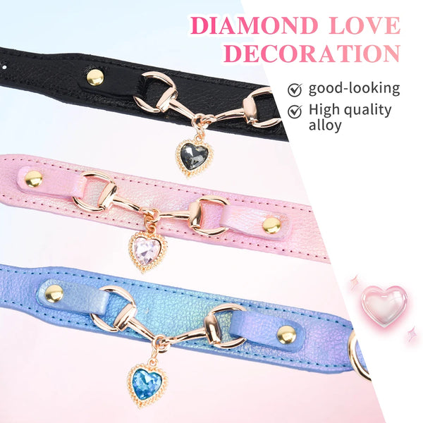 Three diamond love decoration necklaces on black, pink, and blue dog collars