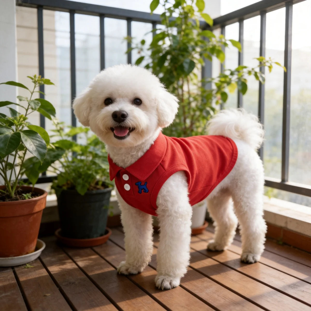 Un perro blanco esponjoso vistiendo un chaleco rojo de mascota, parado en interiores cerca de una ventana.