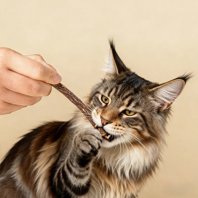 A tabby cat is holding a natural herbal cat chew stick with its mouth.